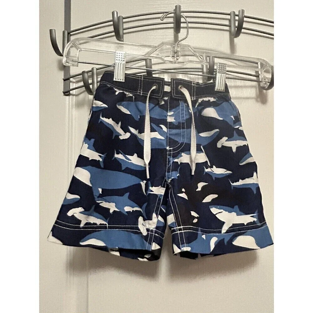 Hanna Andersson Shark Print Swim Shorts‎ Sz 2 / 80 cm Blue White Trunks toddler